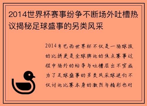 2014世界杯赛事纷争不断场外吐槽热议揭秘足球盛事的另类风采