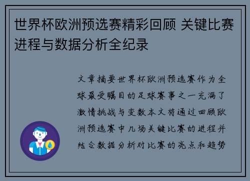 世界杯欧洲预选赛精彩回顾 关键比赛进程与数据分析全纪录
