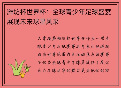 潍坊杯世界杯：全球青少年足球盛宴展现未来球星风采